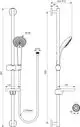 Brausekombination von Ideal Standard mit einer Handbrause und einem festen Halter. Detaillierte technische Zeichnung mit Abmessungen und Anschlussmöglichkeiten.